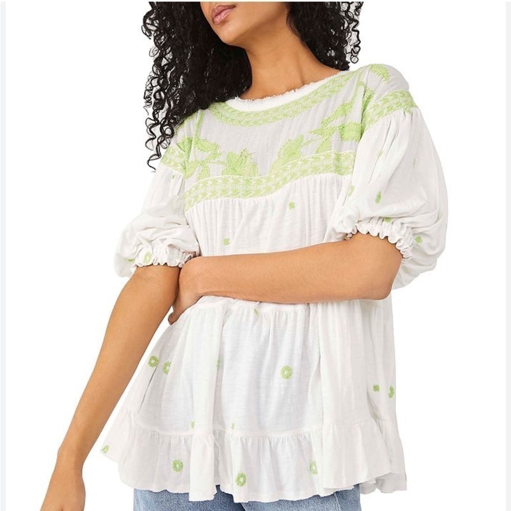 Free People Small Edie Embroidered Top White and Lime Color Balloon Sleeves
